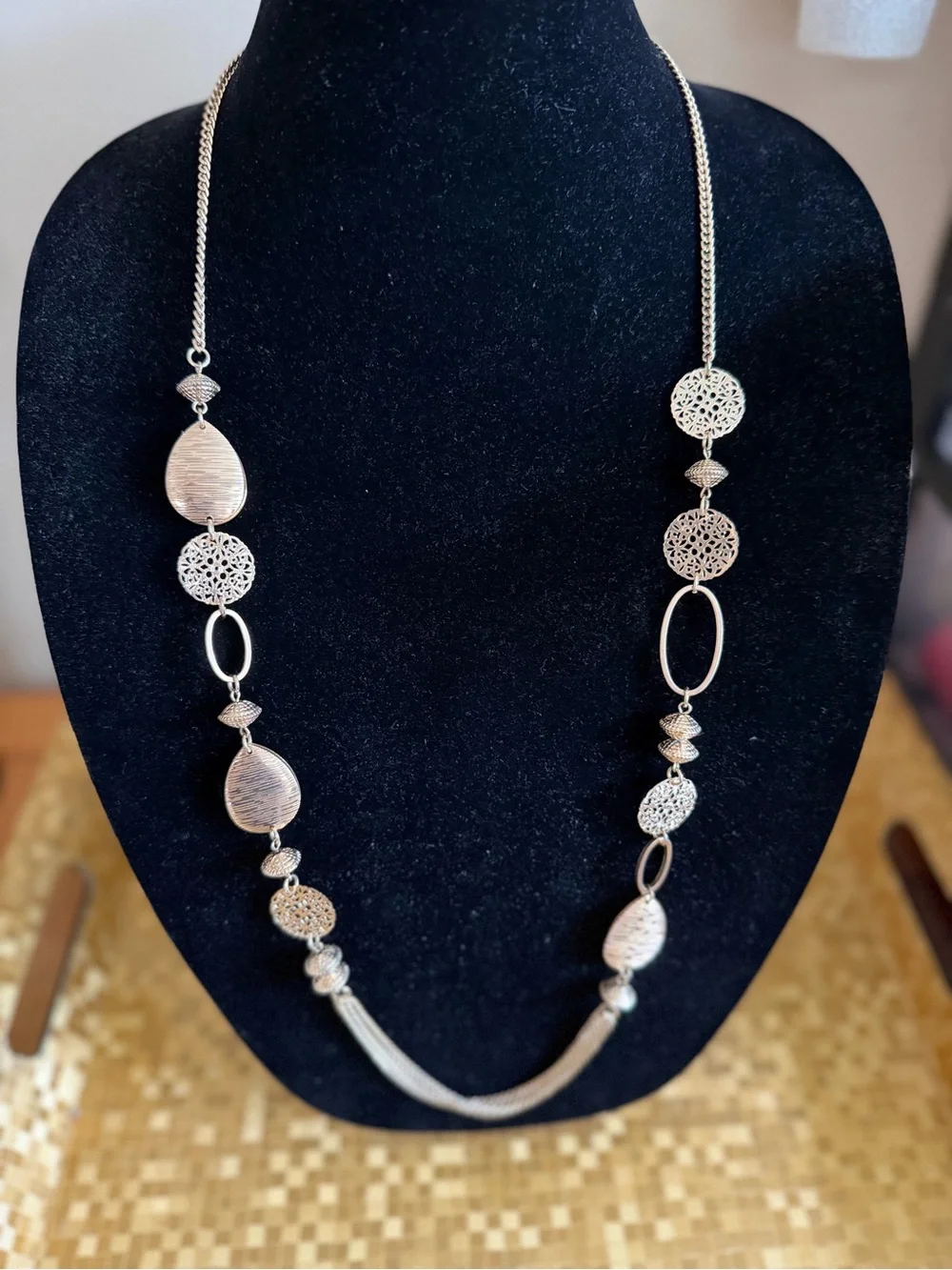 Silver Tone Long Mesh Chain Filigree Disc Statement Necklace Boho